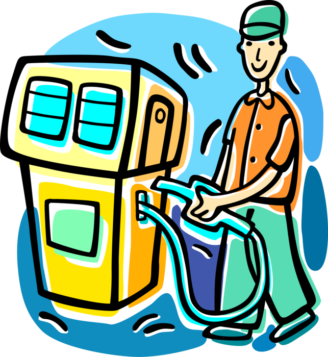 Vector Illustration of Gas Station Fill-Up Attendant Filling Automobile Car with Gasoline Petroleum