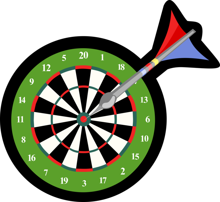 Vector Illustration of Traditional Pub Game Dart Hits Bullseye or Bull's-Eye in Dartboard
