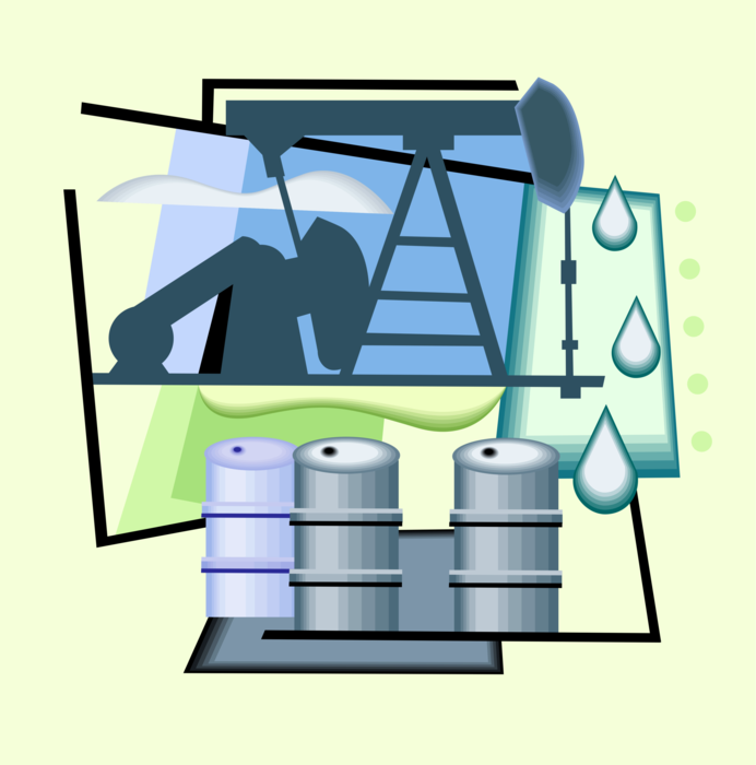 Vector Illustration of Fossil Fuel Petroleum and Gas Industry Oil Well Barrels and Pumpjack Reciprocating Piston Pump