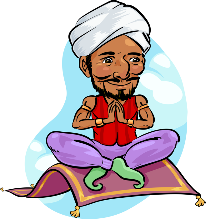 Vector Illustration of Arabian Mythology Jinni or Genie on Magic Carpet