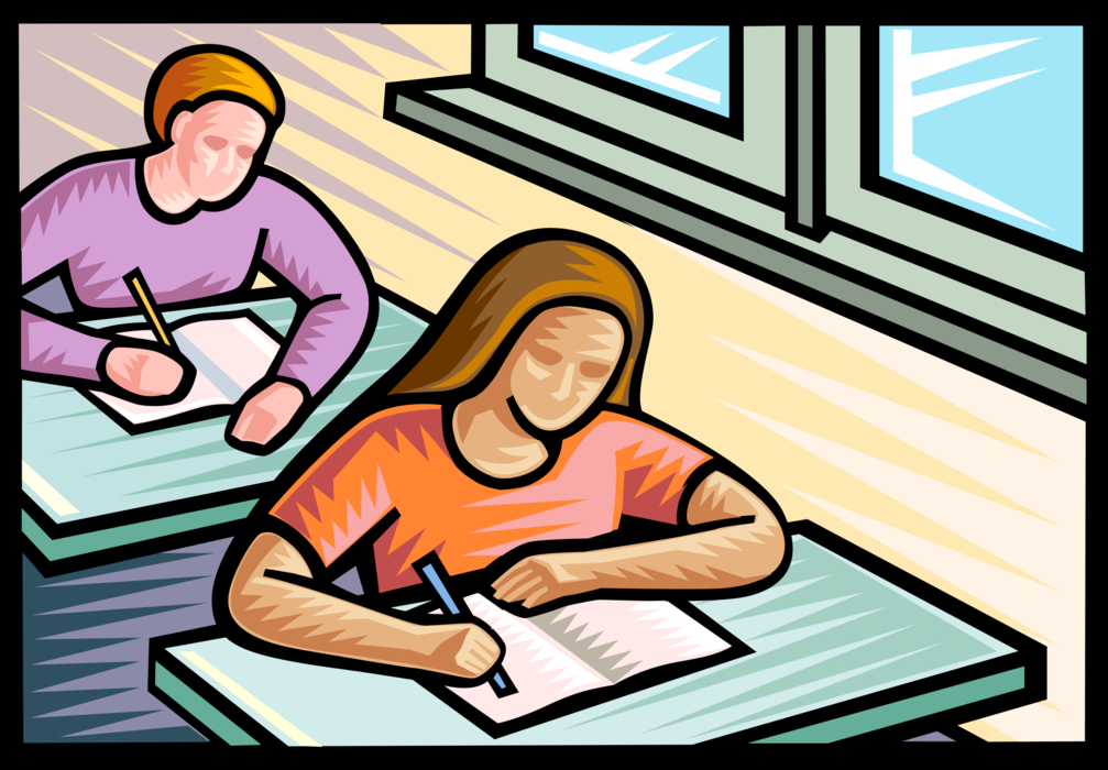 Vector Illustration of Students at School Desks in Classroom Complete Work Assignments