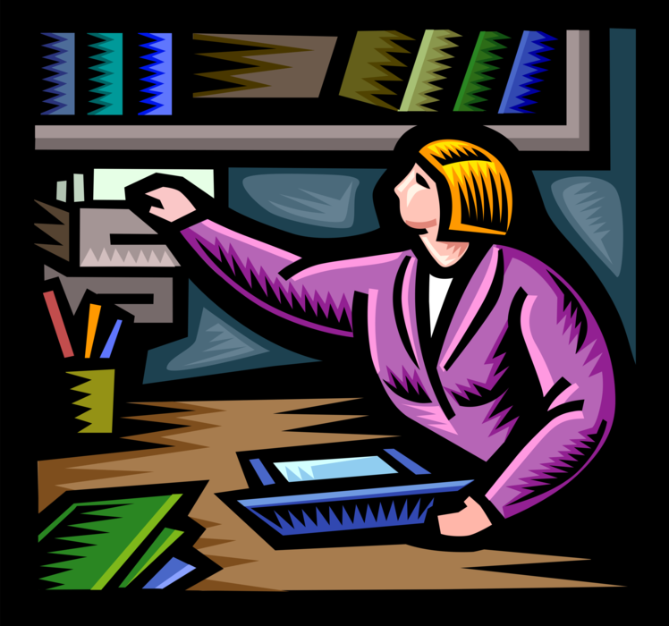 Vector Illustration of Businesswoman in Office Works at Desk