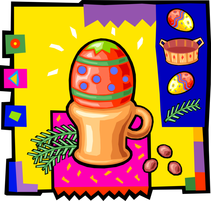 Vector Illustration of Colorful Decorated Easter or Paschal Eggs with Egg Cup