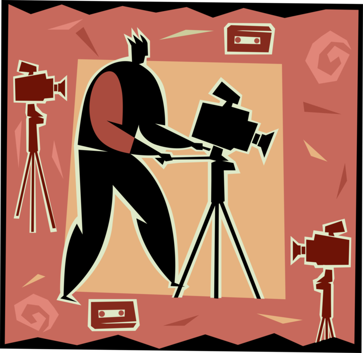 Vector Illustration of Videocamera Camcorder Video Camera Cameraman Filming with Camera on Tripod