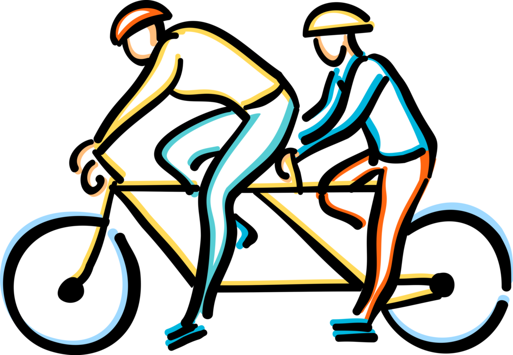 Vector Illustration of Two Cyclists Riding on Tandem Bicycle Bike