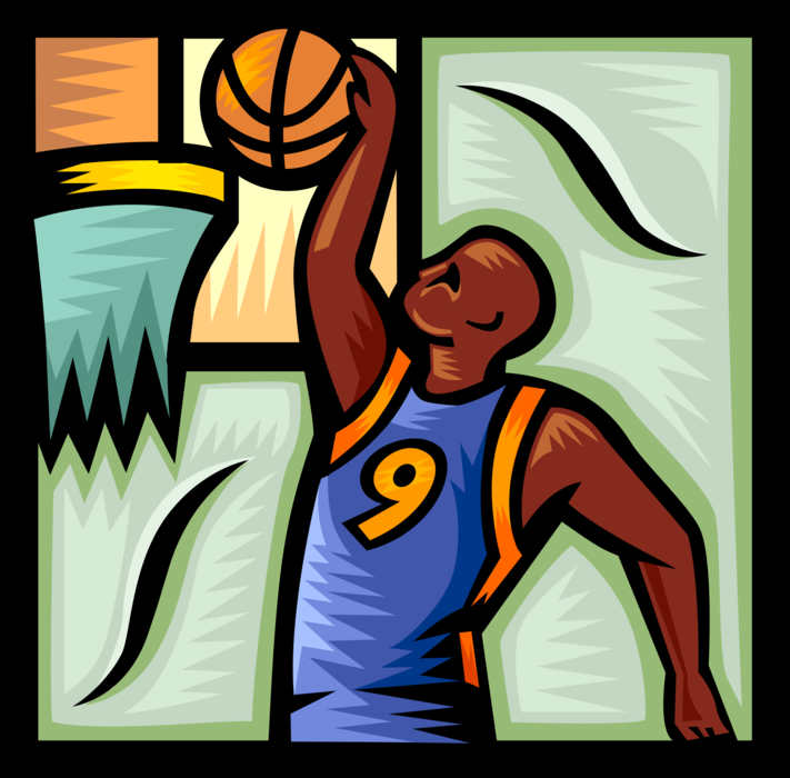 Vector Illustration of Sport of Basketball Game Player Slam Dunks Ball in Net Hoop