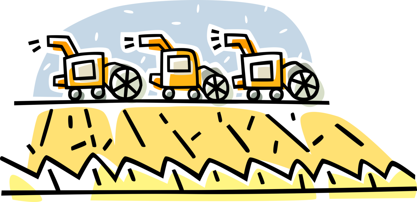 Vector Illustration of Farming Grain Combine Harvester Harvests Wheat Crops