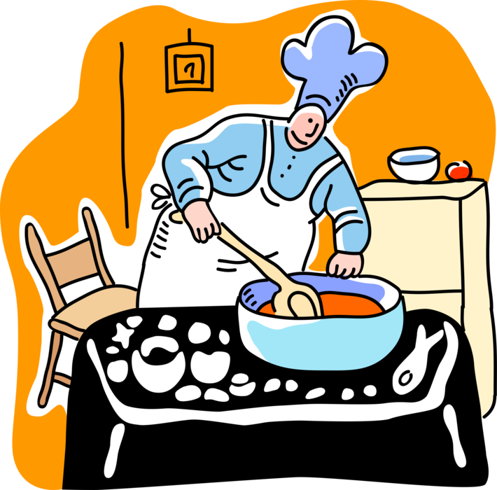 Vector Illustration of Culinary Cuisine Restaurant Chef in Kitchen Cooking Soup in Saucepan
