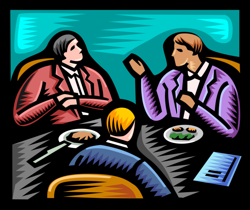 Vector Illustration of Business Meeting and Discussion Over Lunch in Office