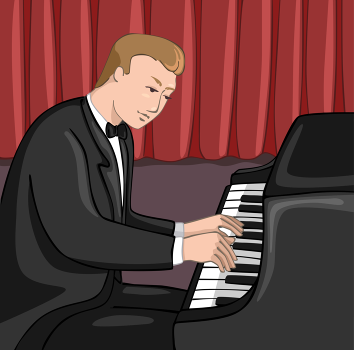 Vector Illustration of Concert Pianist Plays and Performs on Stage with Grand Piano for Audience