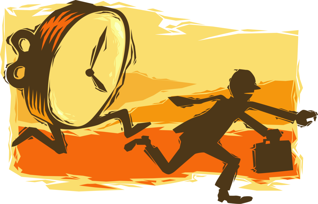 Vector Illustration of Alarm Clock Chases Businessman with Briefcase