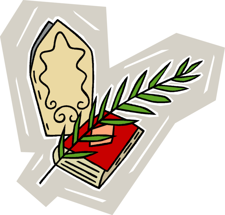 Vector Illustration of Christian Bible with Palm Branch and Papal Miter Hat