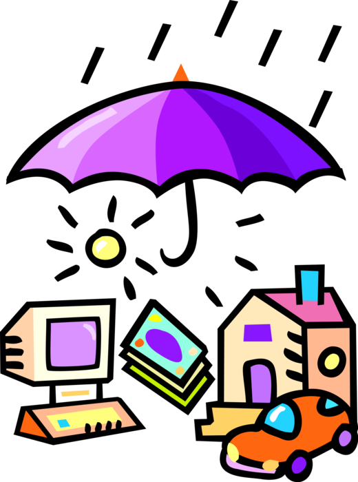 Vector Illustration of Insurance Policy Protection Umbrella Covering House, Computer and Car