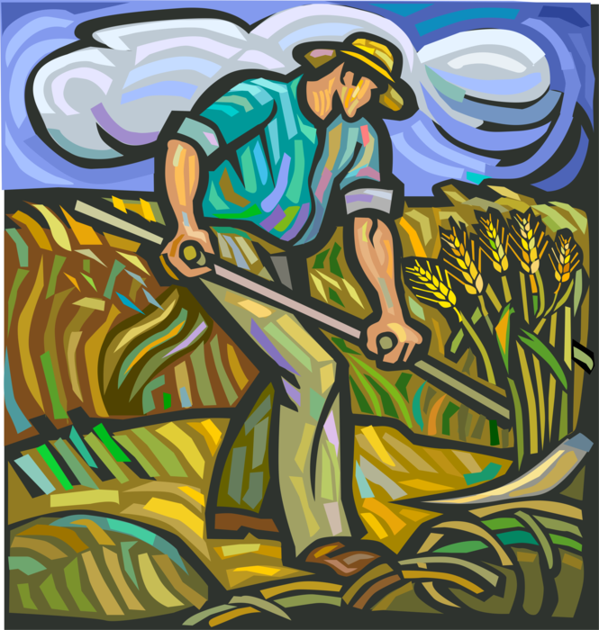 Vector Illustration of Farmer with Scythe Harvests Wheat Grass Grain Crop in Farm Field