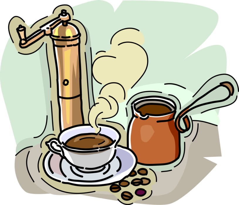 Vector Illustration of Coffee Grinder with Coffee Pot and Cup of Coffee