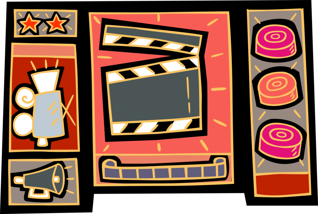 Vector Illustration of Hollywood Filmmaking and Video Production Clapperboard, Film, Camera and Stars