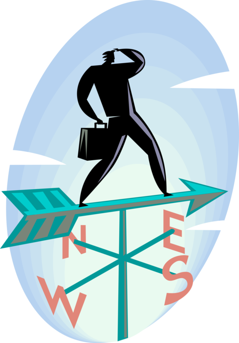Vector Illustration of Businessman Stands on Weather Vane or Weathercock and Surveys Horizon