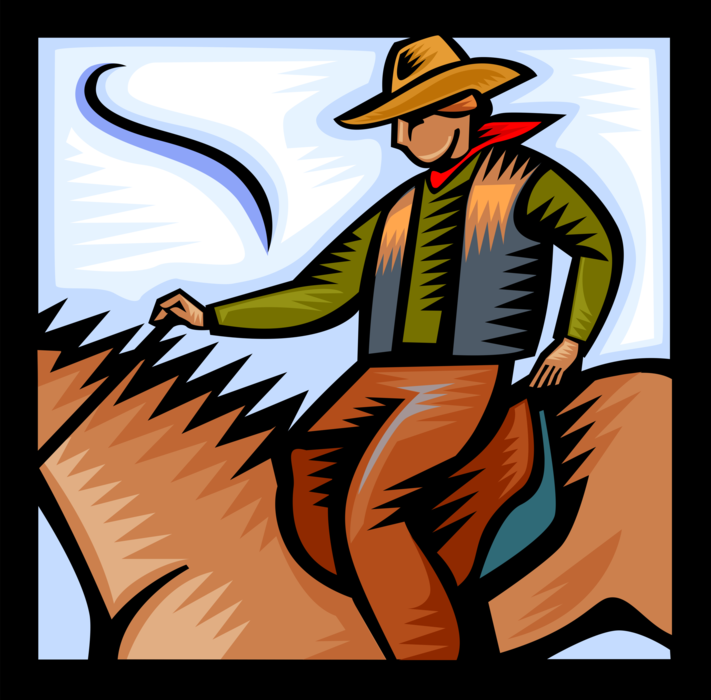 Vector Illustration of Rodeo Cowboy Rides Equestrian Horse in Competition