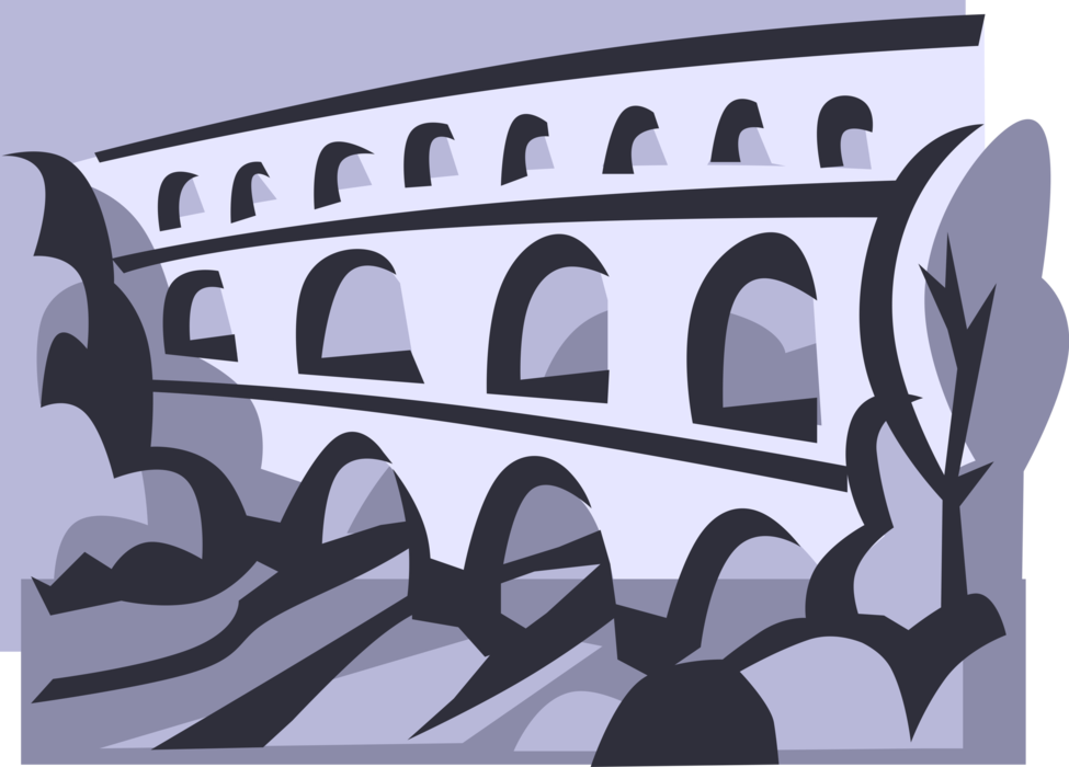 Vector Illustration of Pont du Gard Ancient Roman Aqueduct Over Gardon River in France
