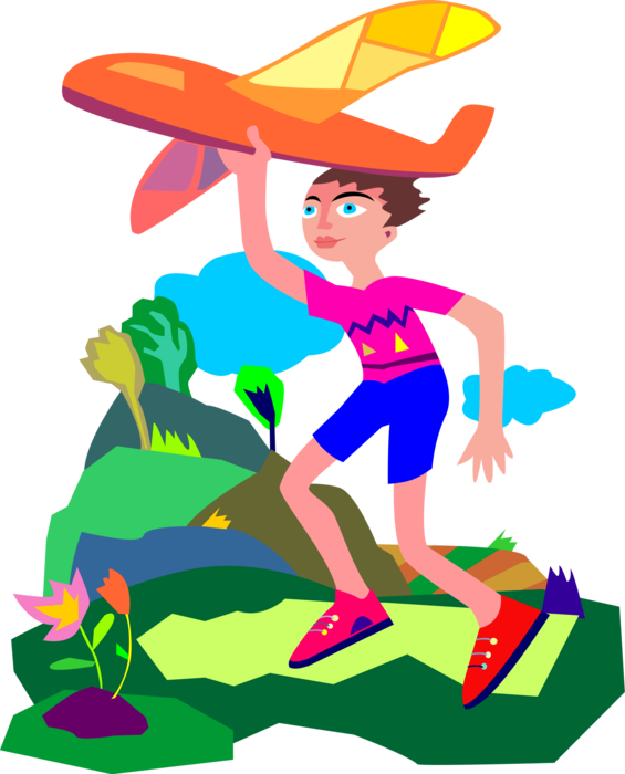 Vector Illustration of Flying Toy Airplane on Summer Day