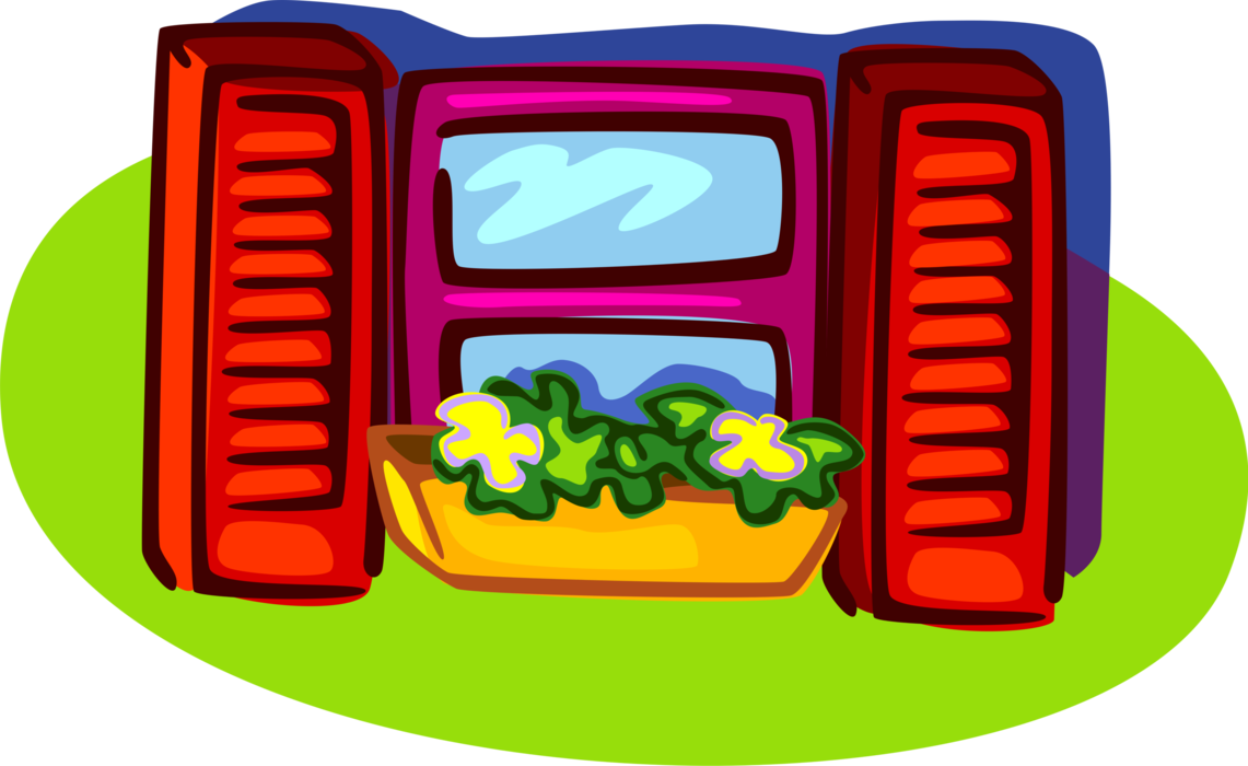 Vector Illustration of Window with Flowerbox and Shutters
