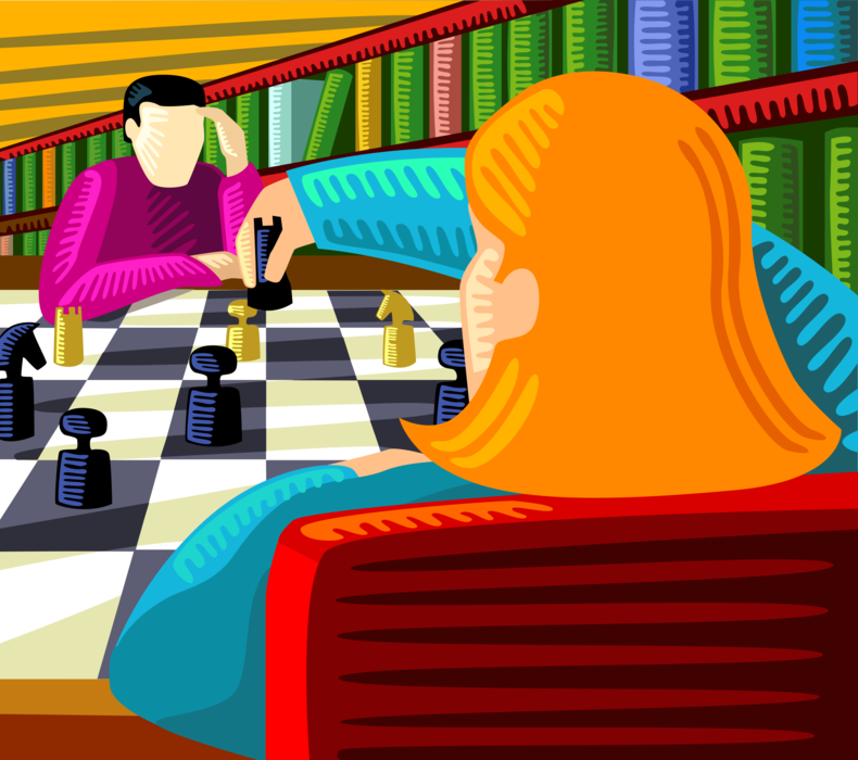 Vector Illustration of Students Play Competitive Game of Chess in Library
