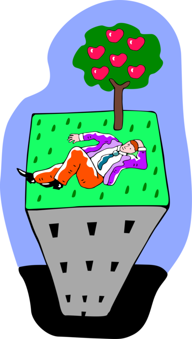 Vector Illustration of Businessman Lying in Grass on Skyscraper Roof Looks Up Into Sky
