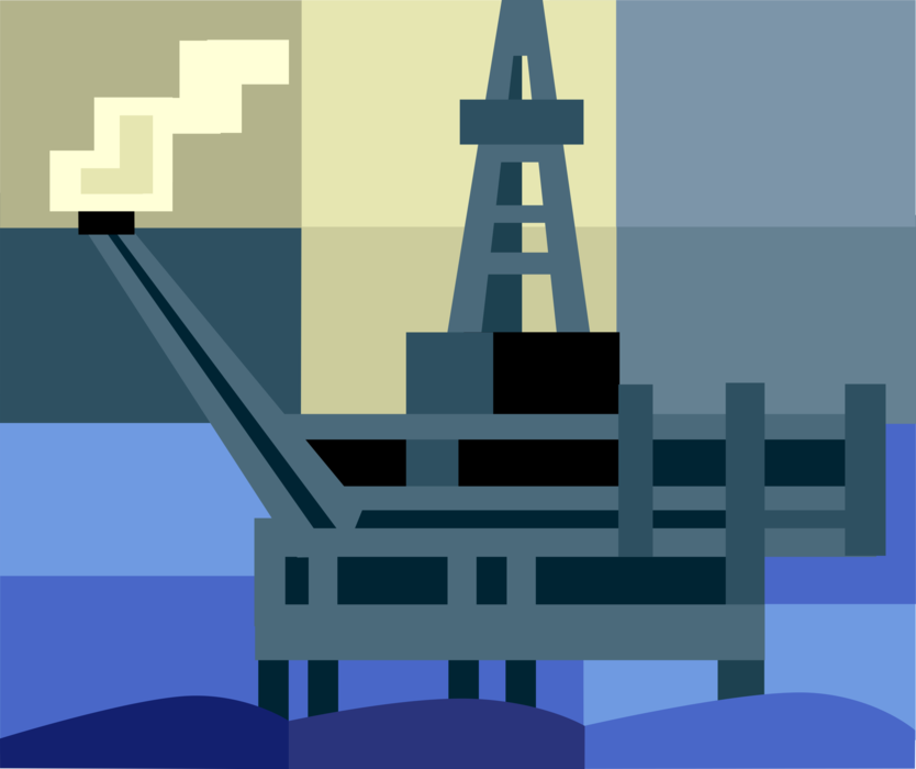 Vector Illustration of Offshore Petroleum Fossil Fuel Oil Rig Drilling Platform Polluting Marine Environment