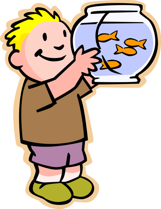 Vector Illustration of Primary or Elementary School Student Boy with Fish Bowl Aquarium and Goldfish