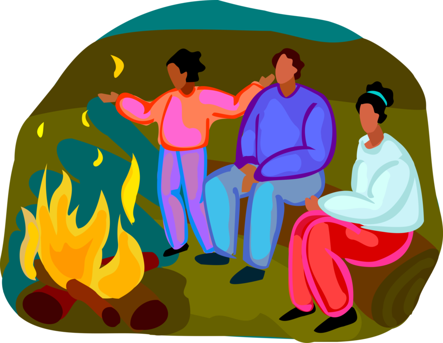 Vector Illustration of Outdoor Recreational Activity Camping Family Sit Around Campfire at Night
