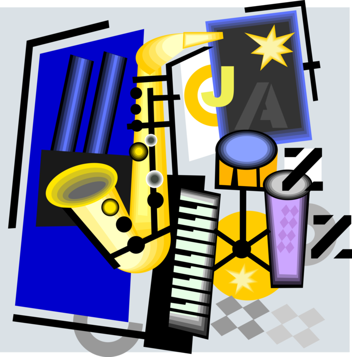 Vector Illustration of Musical Instrument Saxophone with Keyboard and Drum Set