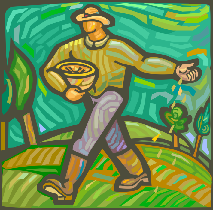 Vector Illustration of Farmer Planting or Sowing Seeds By Hand in Farm Field