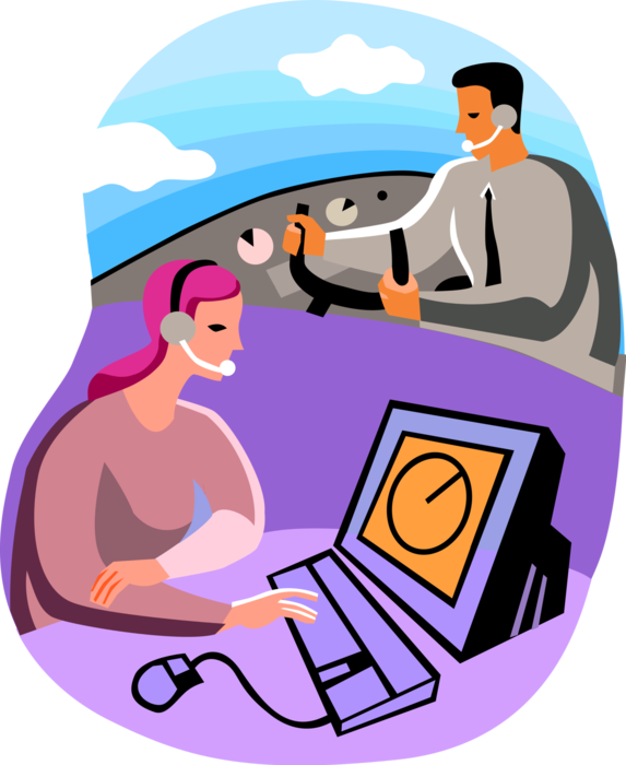 Vector Illustration of Air Traffic Controller Monitoring Airplanes Taking Off at Airport Control Tower