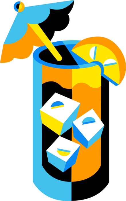 Vector Illustration of Alcohol Drink Beverage with Ice Cubes, Cocktail Umbrella, and Citrus Lemon Slice