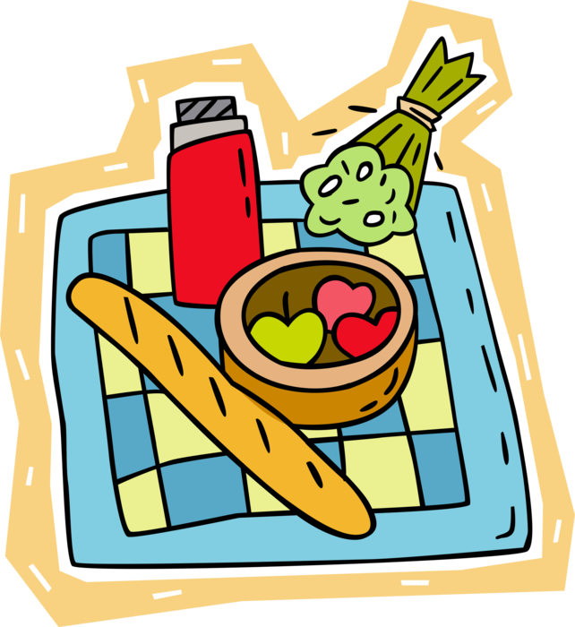 Vector Illustration of Picnic Lunch with Bread, Fruit and Drink Thermos