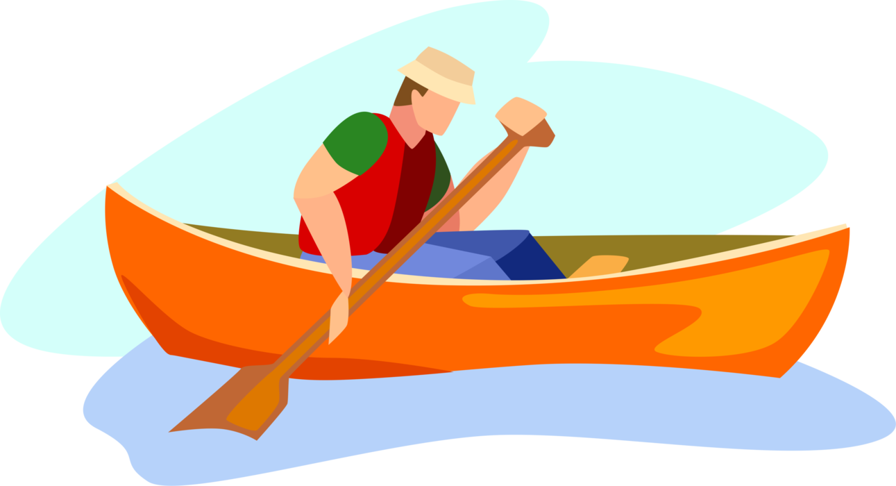 Vector Illustration of Canoeist Paddles Canoe in Water