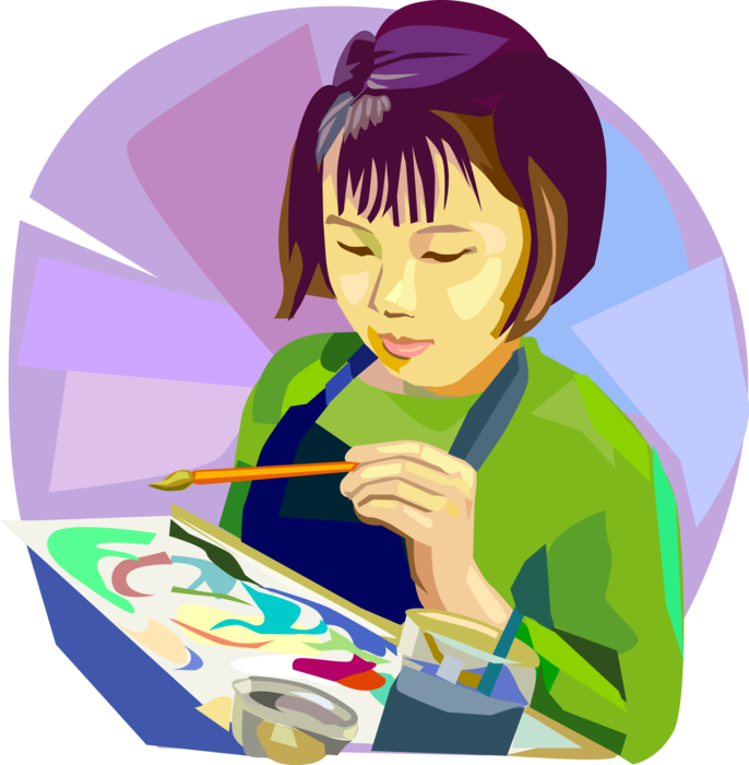 Vector Illustration of Visual Arts Art Class Student with Watercolor Paint and Paintbrush in School