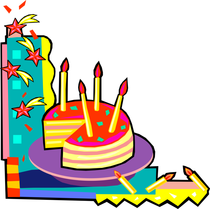 Vector Illustration of Dessert Pastry Birthday Cake with Lit Candles