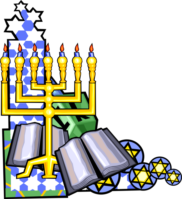 Vector Illustration of Menorah Lampstand Seven-Branched Candle Candelabra with Hebrew Text and Star of David