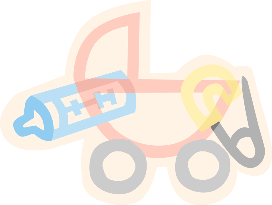 Vector Illustration of Baby Carriage and Bottle with Safety Pin