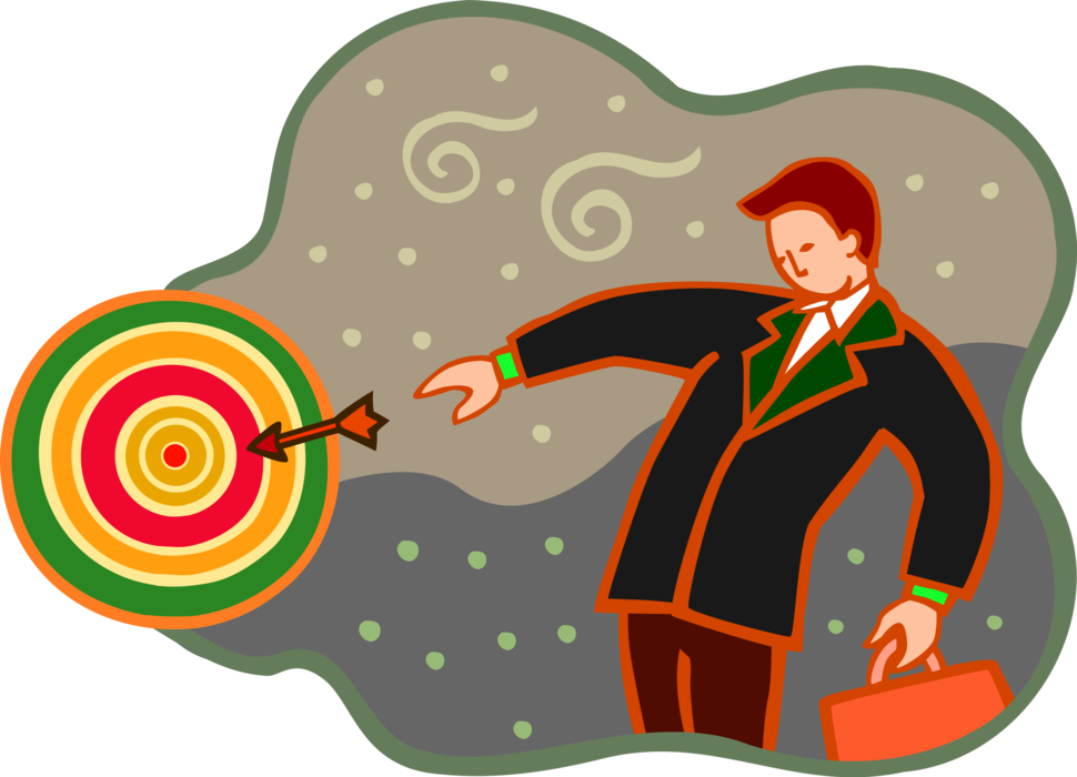Vector Illustration of Businessman Throws Archery Arrow at Bullseye or Bull's-Eye Target