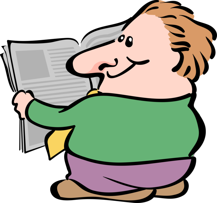 Vector Illustration of Man Reads Newspaper Serial Publication Containing News, Articles, and Advertising