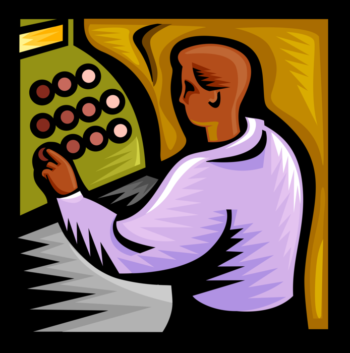 Vector Illustration of Retail Sales Clerk Works with Cash Register for Registering and Calculating Transactions