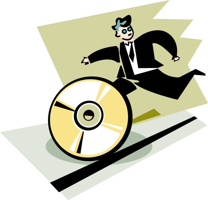 Vector Illustration of Businessman Running with CD Compact Discs or DVD Optical Digital Disc Media Storage Disk
