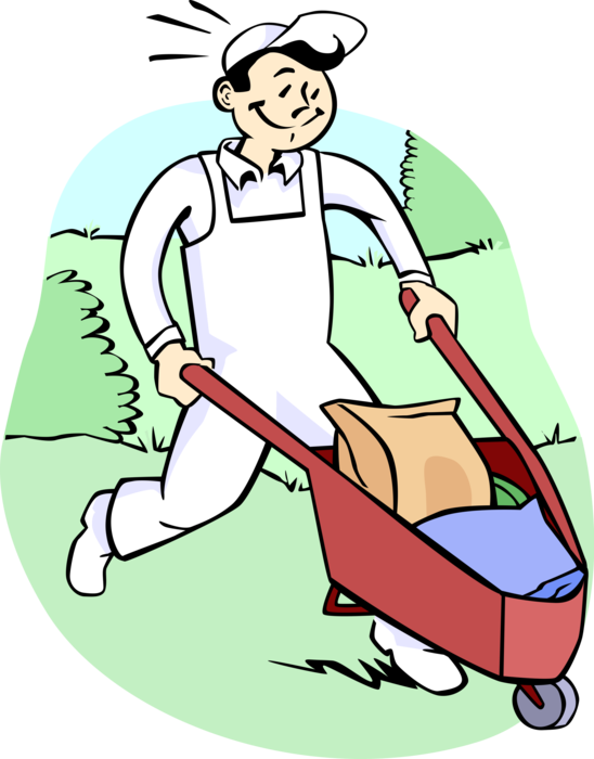 Vector Illustration of Construction Worker with Wheelbarrow Concrete Cement Sacks