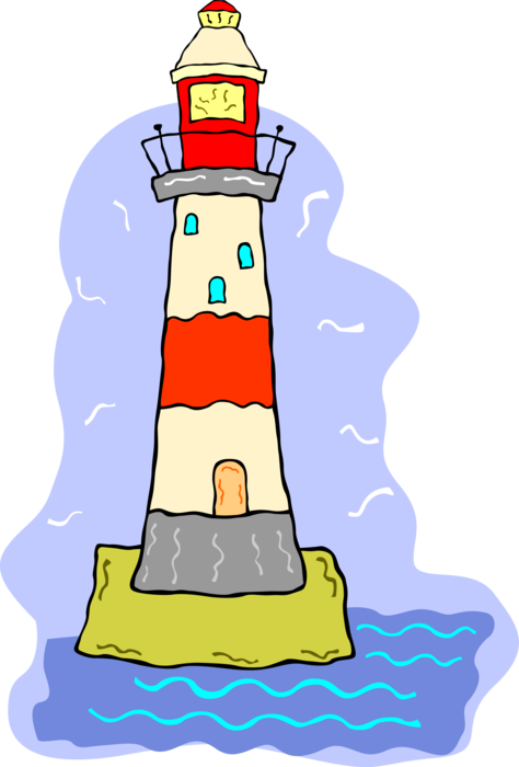 Vector Illustration of Lighthouse Beacon Emits Light as Navigational Aid for Maritime Vessels