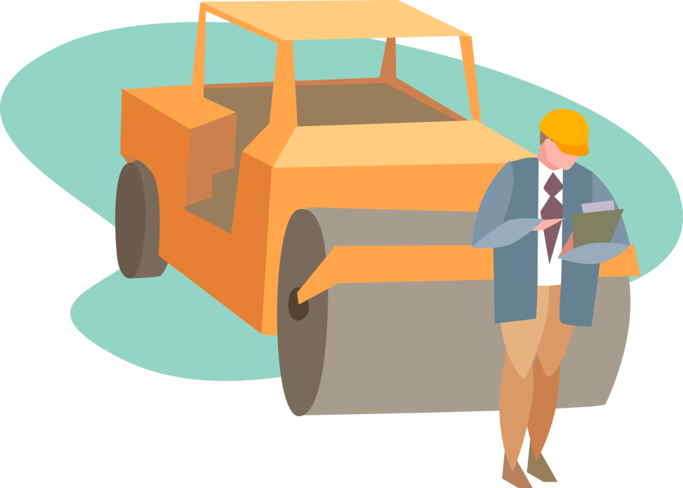 Vector Illustration of Construction Worker with Heavy Machinery Paving Equipment Steam Roller or Steamroller
