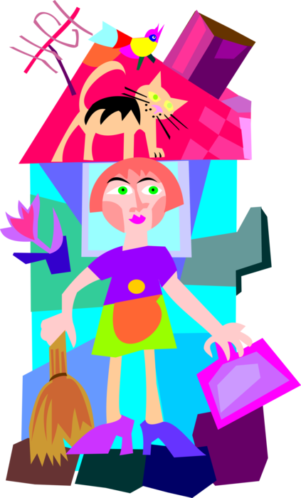 Vector Illustration of Domestic Service House Cleaning Maid or Housemaid with Broom and Dustpan