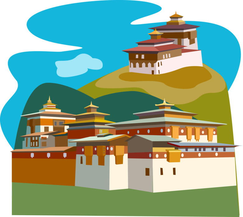 Vector Illustration of Punakha Dzong Palace of Great Happiness or Bliss, Bhutan