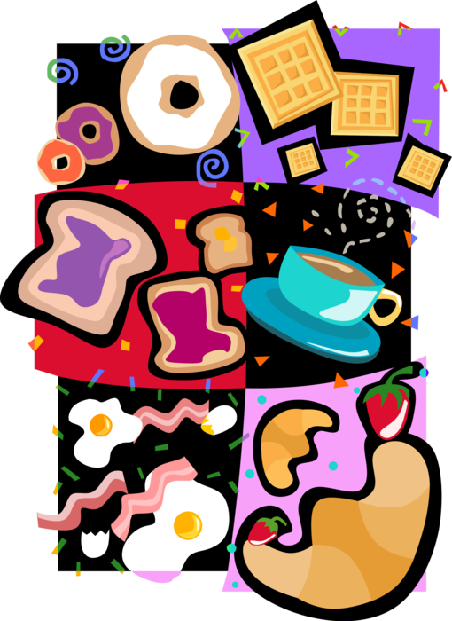 Vector Illustration of Breakfast Toast and Jam, Bacon, Eggs, Bagels and Waffles